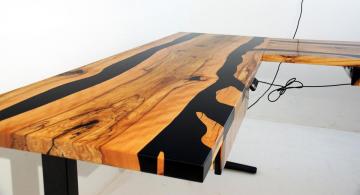 Custom Office Desk With Beech Wood & Black Epoxy