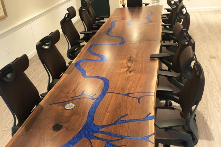 Image Custom Wood Furniture Online - Live Edge Conference Table With CNC Engraved Mississippi River