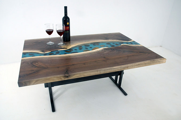 design and create furniture online like this custom live edge epoxy resin river coffee table with embedded rocks