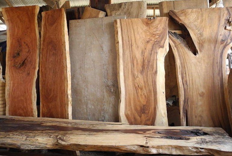 Live Edge Slabs In A Wood Processing Facility For River Tables For Sale