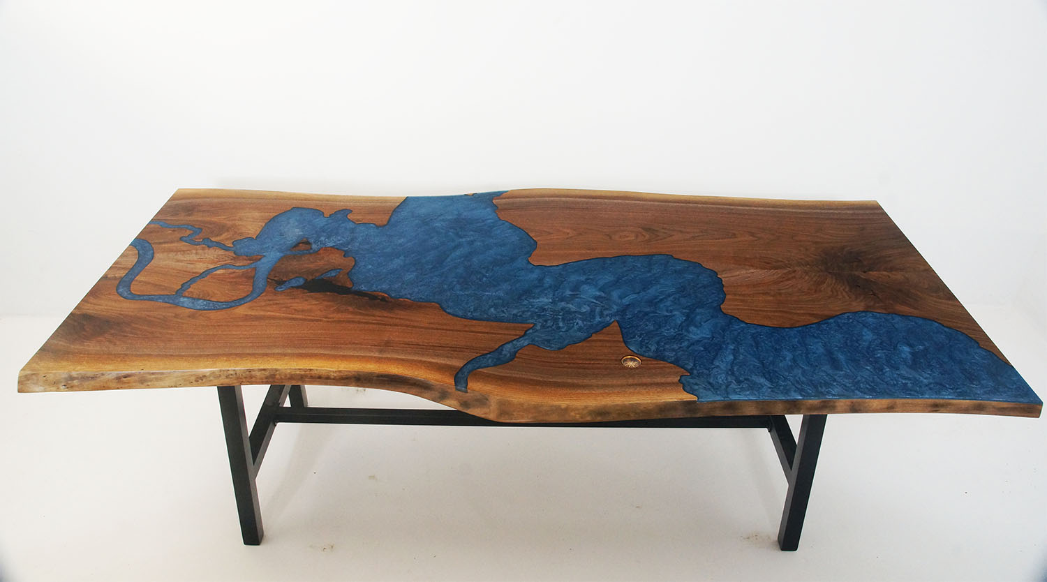 beach epoxy river table with engraved map of Chesapeake Bay