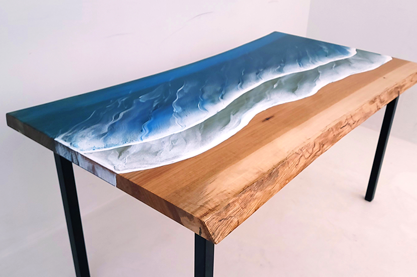 Ocean-Inspired Resin Table with Blue Waves