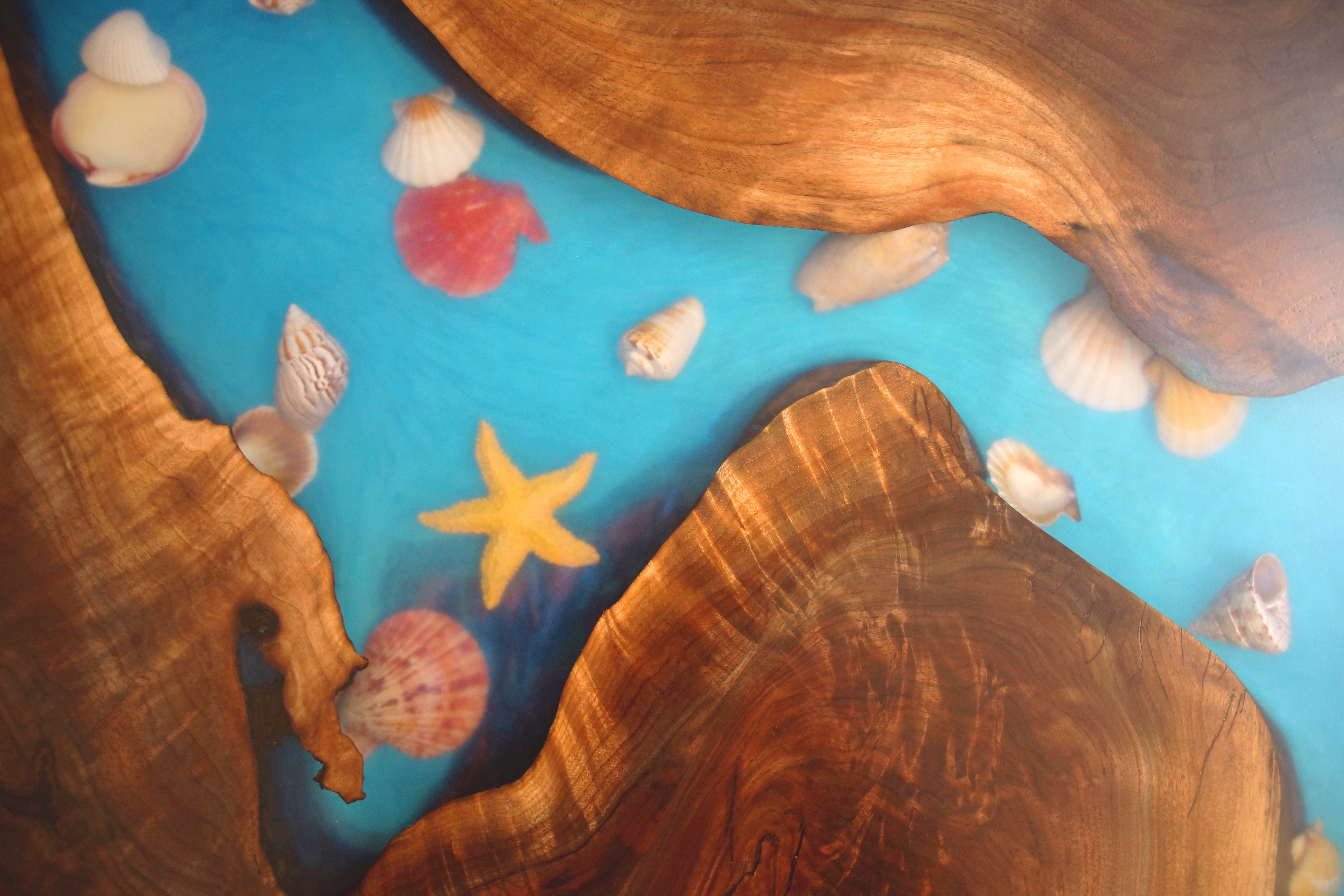 ocean table with seashells and starfish embedded in epoxy