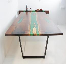 Large Green Epoxy Resin River Dining Table With Matchin