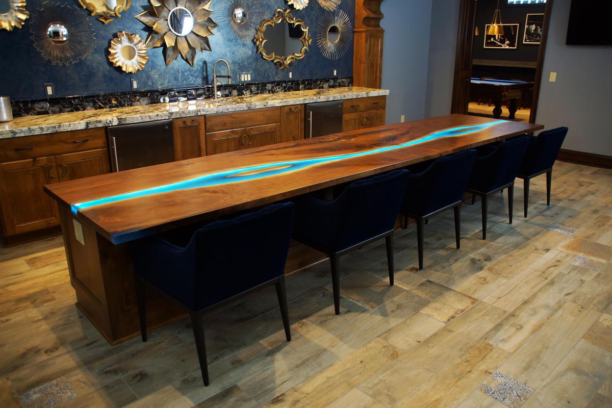 LED Lit Resin Walnut Bar Top