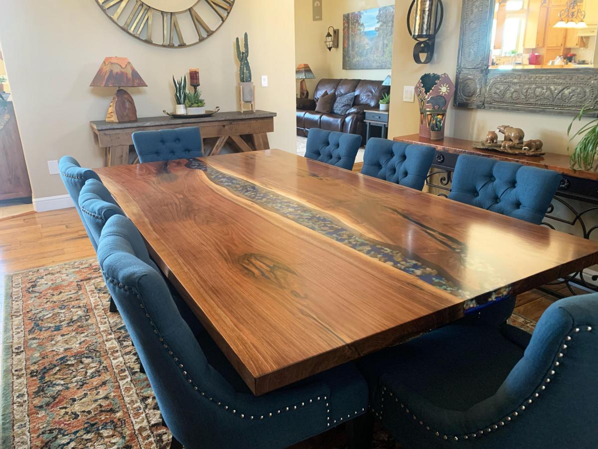 Image Wood And Resin Dining Table With Embedded Rocks And Turquoise 8