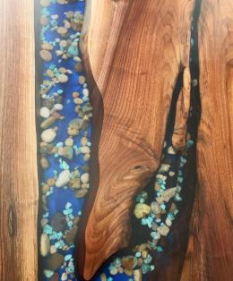 Wood And Resin Dining Table With Embedded Rocks And Tur