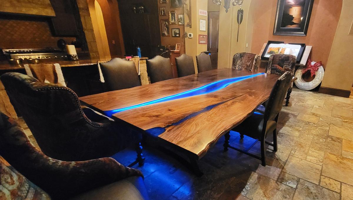 Image Large LED Lit Live Edge River Table 13