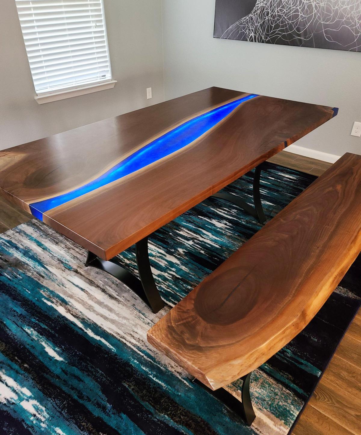 Image Custom Walnut Live Edge River Table With LED Lights With Matching Bench 9