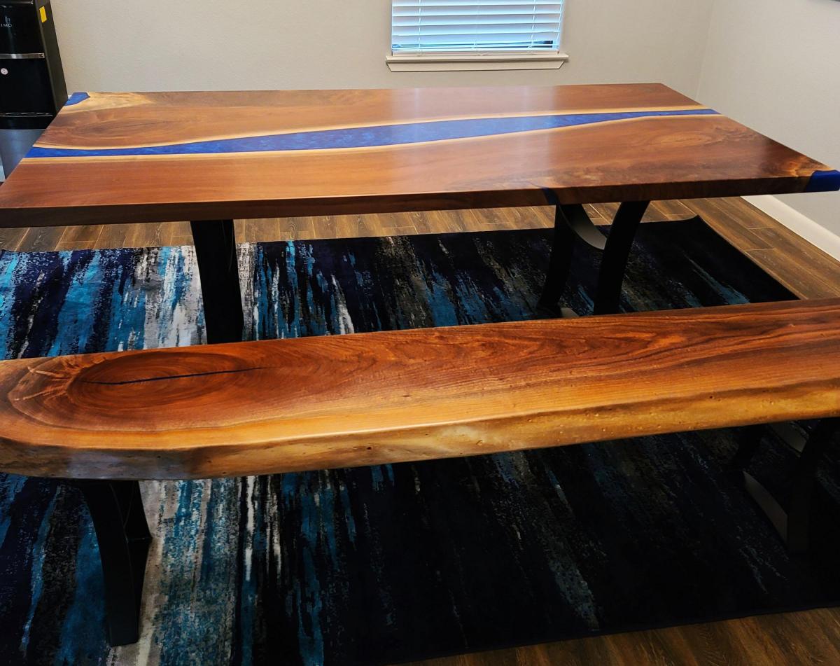 Image Custom Walnut Live Edge River Table With LED Lights With Matching Bench 8