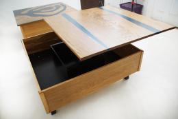 Custom Blue Epoxy & Oak Lift Top Coffee Table 6