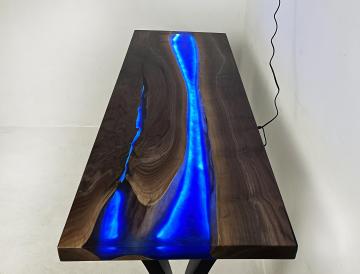 Deep Blue Epoxy & Walnut Sofa Table With LED Lights 15