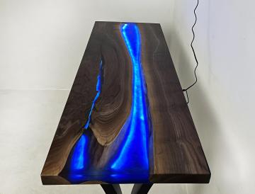 Deep Blue Epoxy & Walnut Sofa Table With LED Lights 15