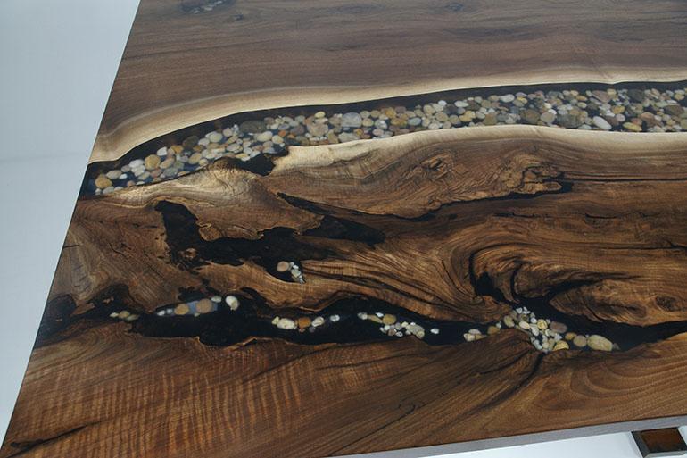 Image Walnut Live Edge Dining Table | Clear Epoxy River | Embedded Rocks