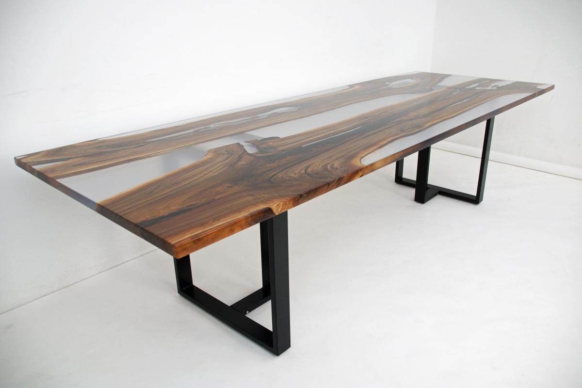 Walnut epoxy resin Dining Table with transparent resin river, made to order