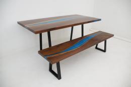 Matching Walnut Dining Table & Bench With Carribean Blu