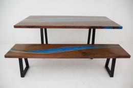 Matching Walnut Dining Table & Bench With Carribean Blu