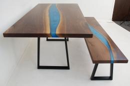 Matching Walnut Dining Table & Bench With Carribean Blu