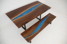 Matching Walnut Dining Table & Bench With Carribean Blu