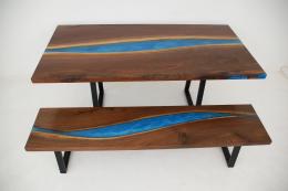 Matching Walnut Dining Table & Bench With Carribean Blu