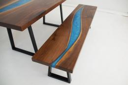 Matching Walnut Dining Table & Bench With Carribean Blu