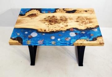 Burly Elm Epoxy River Coffee Table with Shells