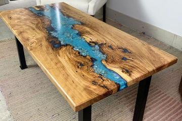 Epoxy & Cherry Wood Coffee Table with Sand & Pebbles