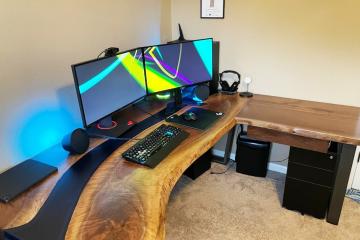 Custom L-Shaped Computer Desk, Dark Blue Epoxy River