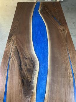 Black Walnut Kitchen Table With Blue Epoxy River & LED