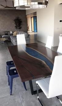 Black Walnut Kitchen Table With Blue Epoxy River & LED