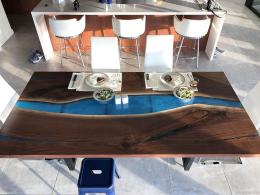 Black Walnut Kitchen Table With Blue Epoxy River & LED