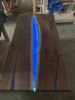 Black Walnut Kitchen Table With Blue Epoxy River & LED