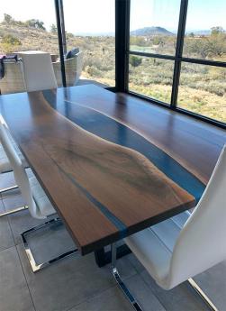 Black Walnut Kitchen Table With Blue Epoxy River & LED