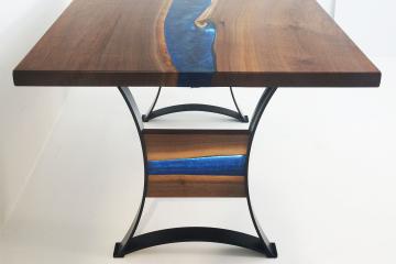 Blue Epoxy River Dining Table with Epoxy Legs and LED L