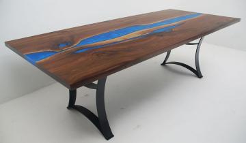 Blue Epoxy Walnut Dining Table with River and La