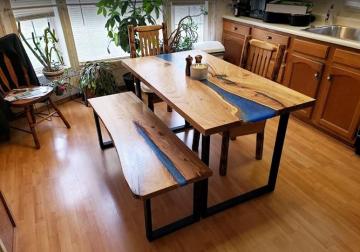 Custom Epoxy River Kitchen Table & Bench