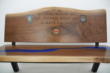 Walnut Live Edge Memorial Bench With Blue River 7