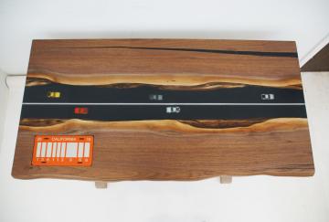 Small Walnut River Table With Embedded Model Cars & Lic