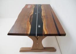 Small Walnut River Table With Embeded Model Cars & Lice