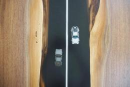 Small Walnut River Table With Embeded Model Cars & Lice