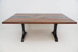 Extendable Walnut Dining Table with River Rocks & Gold 