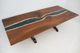 Extendable Walnut Dining Table with River Rocks & Gold 
