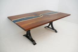 Extendable Walnut Dining Table with River Rocks & Gold 