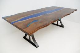 Live Edge Walnut Dining Table With Dual Blue Epoxy 1780