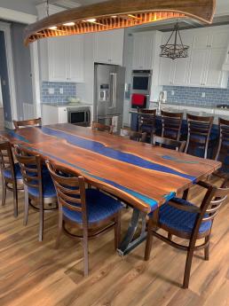 Live Edge Walnut Dining Table With Dual Blue Epoxy 1780