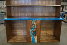 Walnut Wine Cabinet With Live Edge Shelves & Epoxy Wate