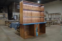 Walnut Wine Cabinet With Live Edge Shelves & Epoxy Wate