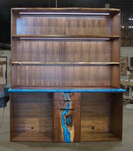 Walnut Wine Cabinet With Live Edge Shelves & Epoxy Wate