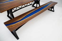 Live Edge Table & Bench Set With Blue Epoxy River 1833 