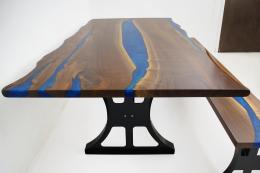 Live Edge Table & Bench Set With Blue Epoxy River 1833 